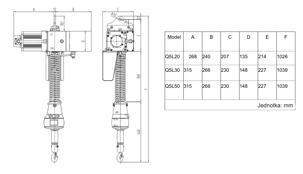 Rozměry elektrického řetězového kladkostroje Q5L