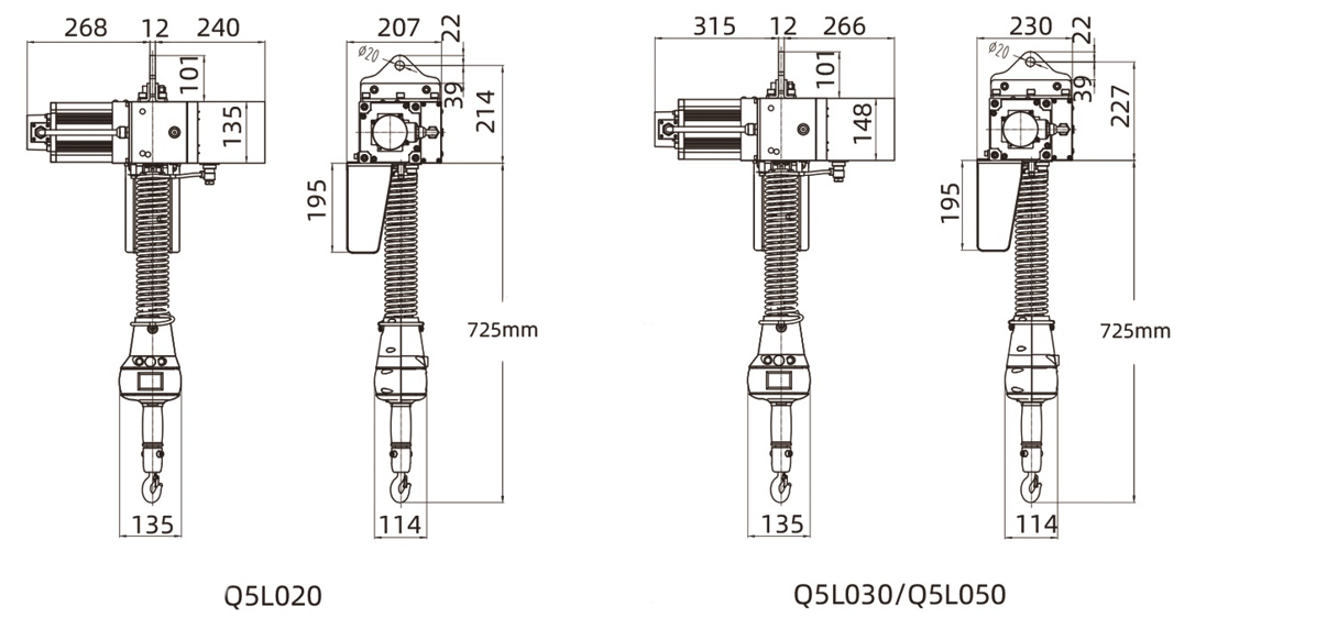 Velikost elektrického řetězového kladkostroje Q5L